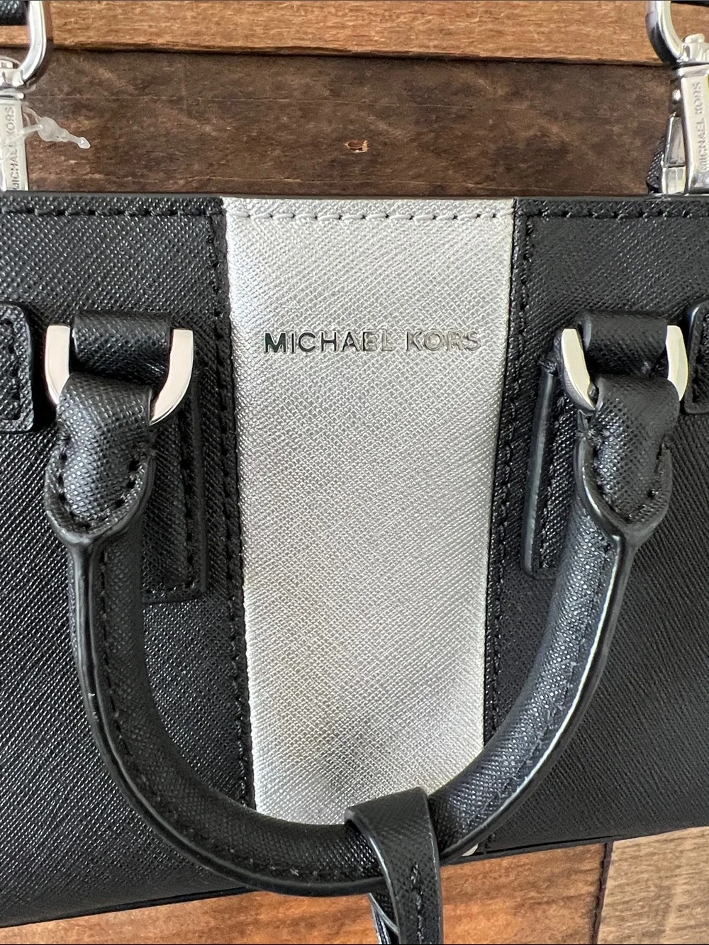 Michael Kors Dillon Metallic Center Stripe Extra Small Top Zip Crossbody Purse